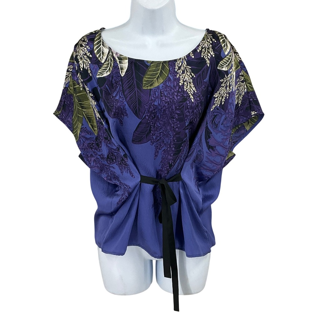 HD in Paris Blouse Womens XS Purple Blue Silk Tropical Botanical Tie Waist Boho
